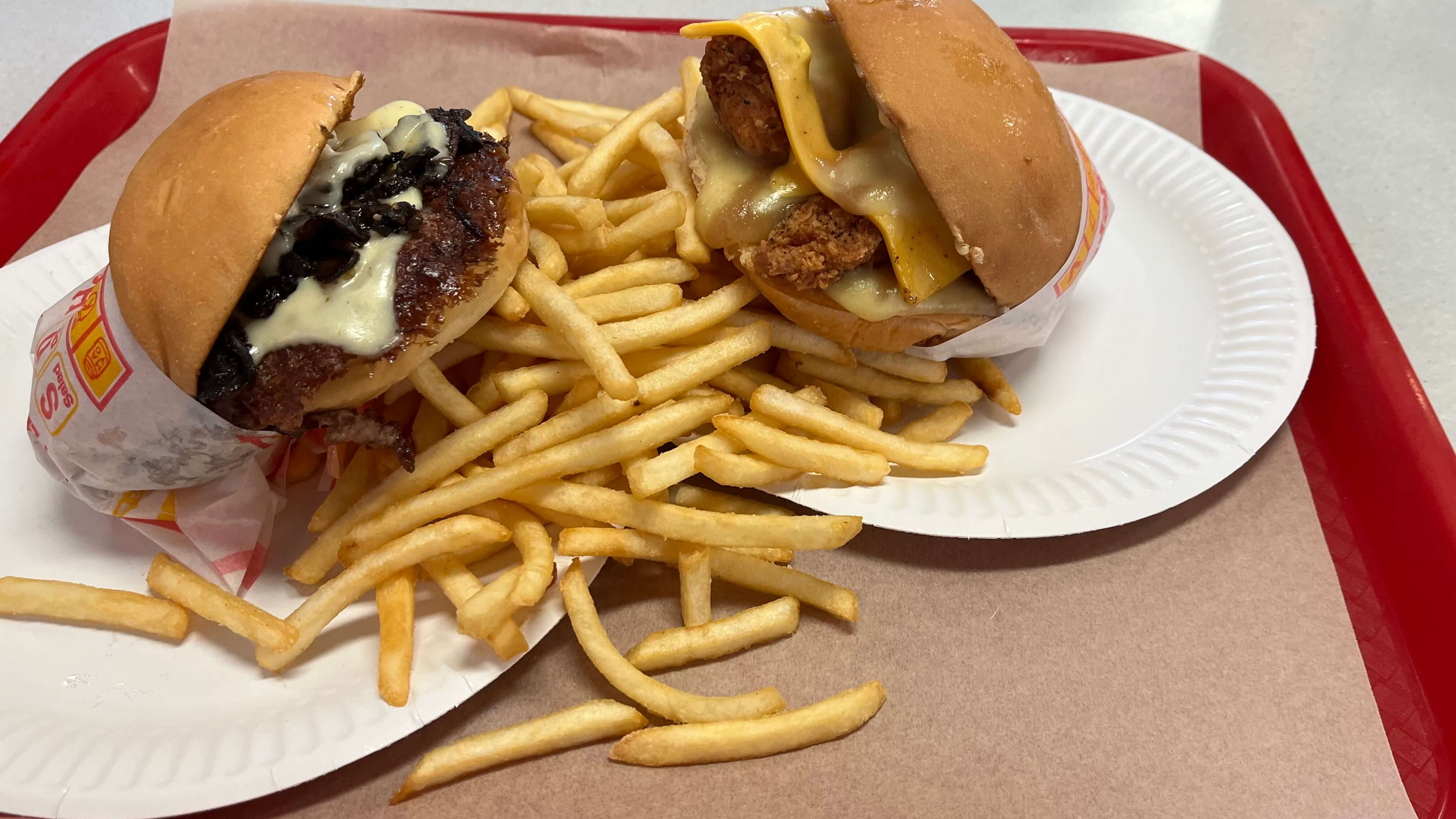 Swiss Mushroom, Tender Mash and Gravy, French Fries
