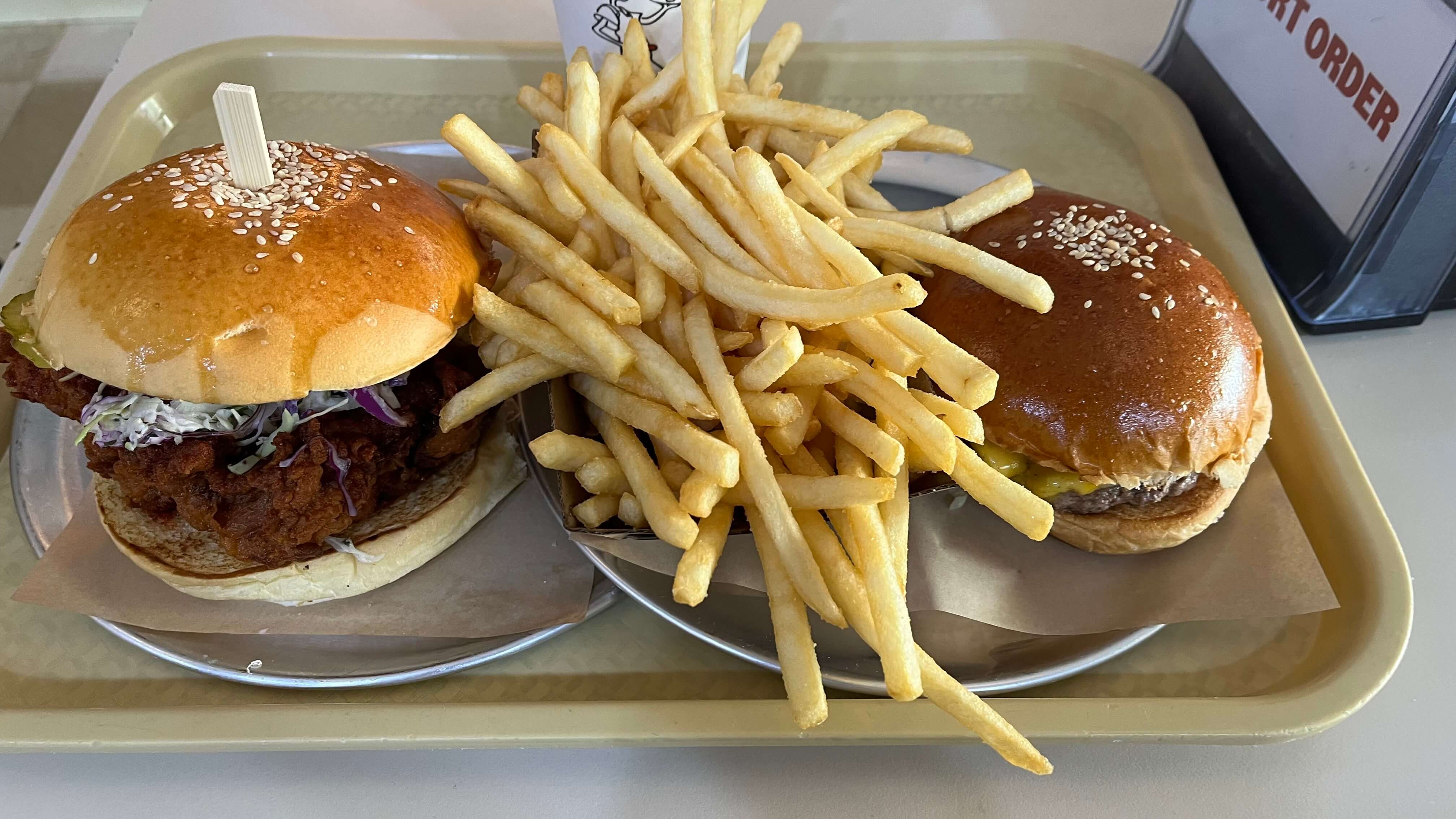 FNZ Nashville Hot Chicken Sandwich, Cheeseburger, Fries